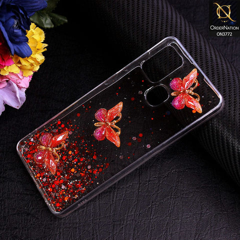 Samsung Galaxy A21s Cover - Red - Shiny Butterfly Glitter Bling Soft Case (Glitter does not move)