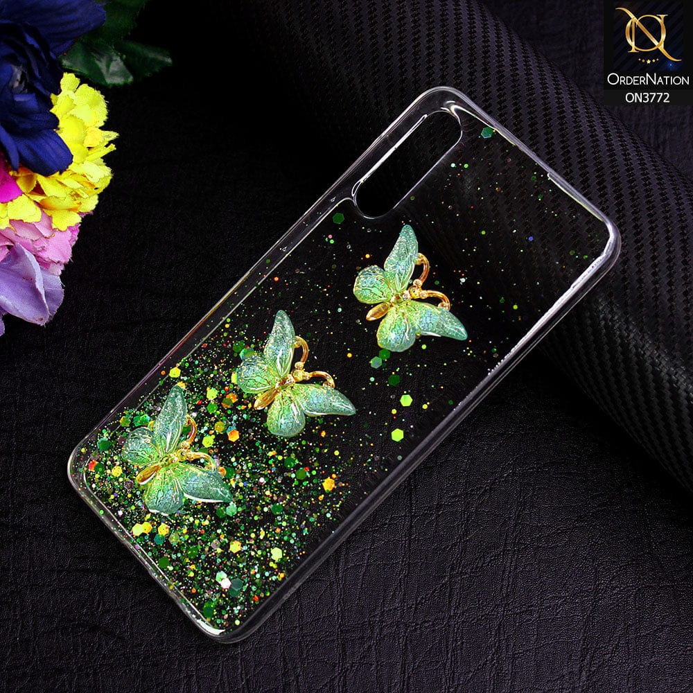 Samsung Galaxy A30s Cover - Green - Shiny Butterfly Glitter Bling Soft Case (Glitter does not move)
