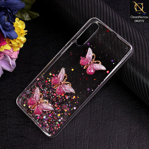 Samsung Galaxy A30s Cover - Pink - Shiny Butterfly Glitter Bling Soft Case (Glitter does not move)