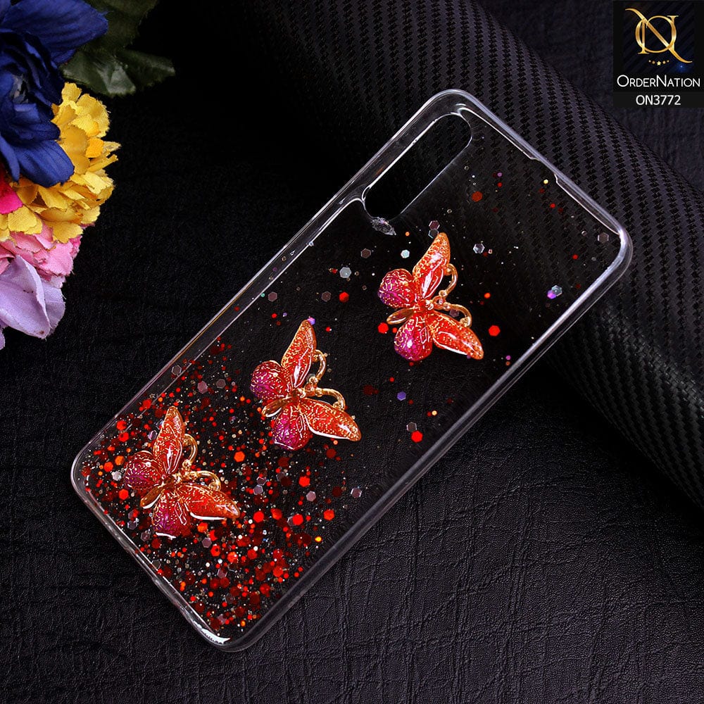 Samsung Galaxy A30s Cover - Red - Shiny Butterfly Glitter Bling Soft Case (Glitter does not move)
