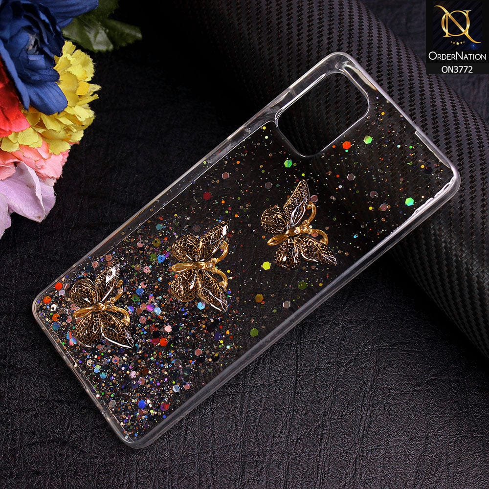 Samsung Galaxy A71 Cover - Black - Shiny Butterfly Glitter Bling Soft Case (Glitter does not move)