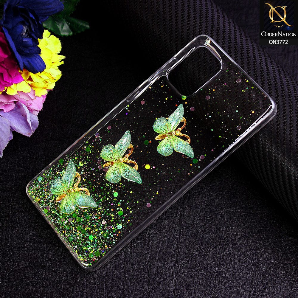 Samsung Galaxy A71 Cover - Green - Shiny Butterfly Glitter Bling Soft Case (Glitter does not move)