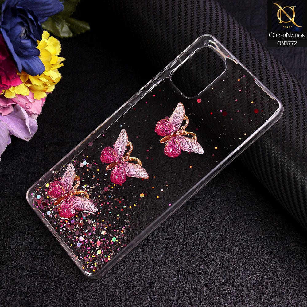Samsung Galaxy A71 Cover - Pink - Shiny Butterfly Glitter Bling Soft Case (Glitter does not move)