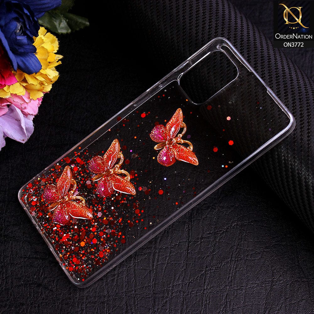 Samsung Galaxy A71 Cover - Red - Shiny Butterfly Glitter Bling Soft Case (Glitter does not move)