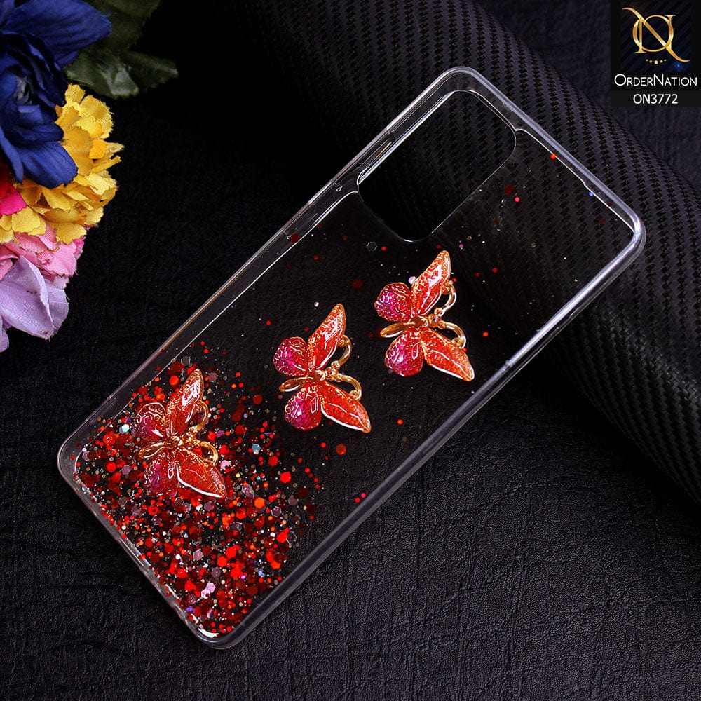 Samsung Galaxy A72 Cover - Red - Shiny Butterfly Glitter Bling Soft Case (Glitter does not move)