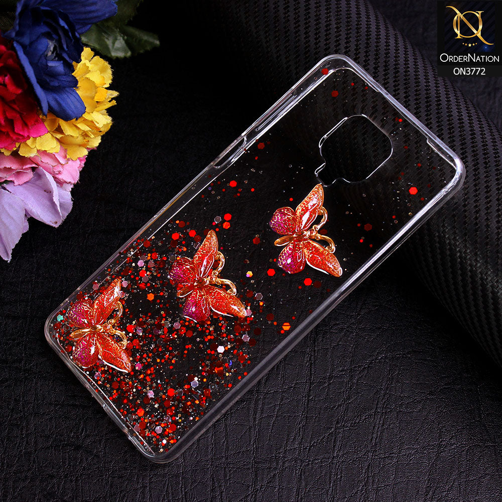 Xiaomi Redmi Note 9S Cover - Red - Shiny Butterfly Glitter Bling Soft Case (Glitter does not move)