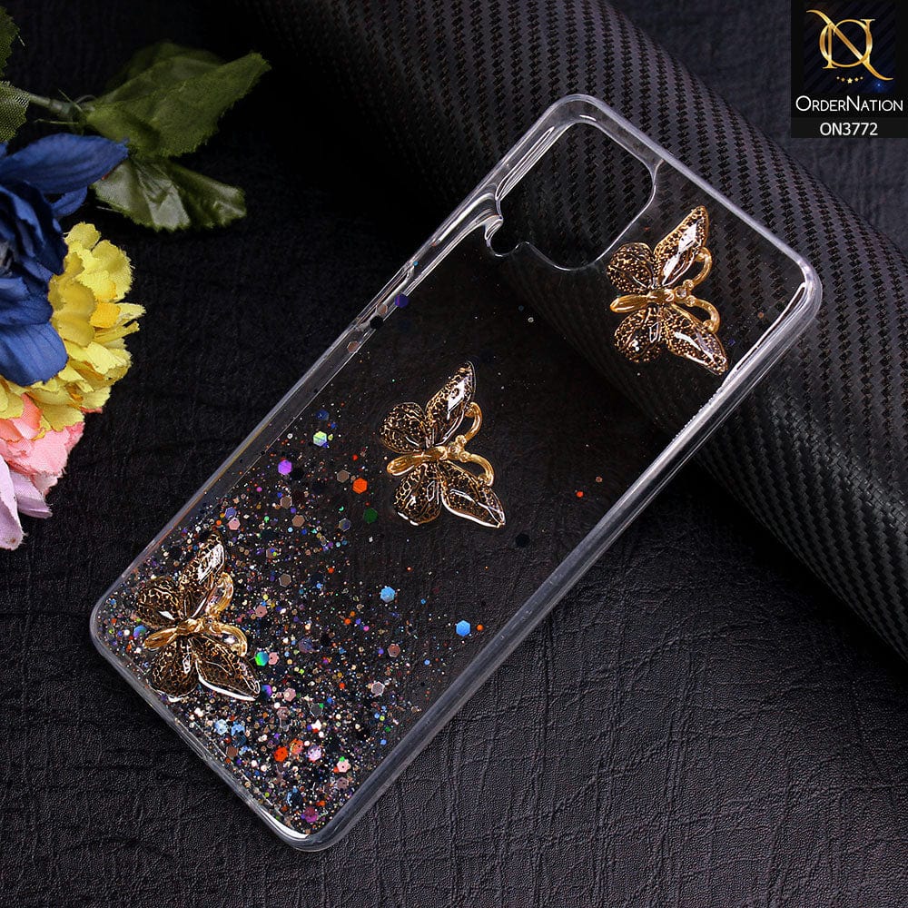 Samsung Galaxy A12 Nacho Cover - Black - Shiny Butterfly Glitter Bling Soft Case (Glitter does not move)