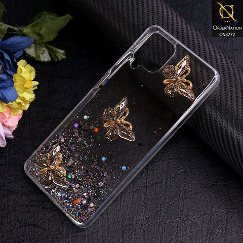 Samsung Galaxy A12 Nacho Cover - Black - Shiny Butterfly Glitter Bling Soft Case (Glitter does not move)