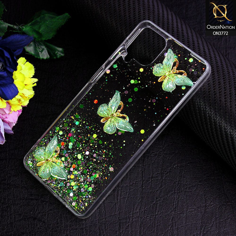 Samsung Galaxy A12 Cover - Green - Shiny Butterfly Glitter Bling Soft Case (Glitter does not move)