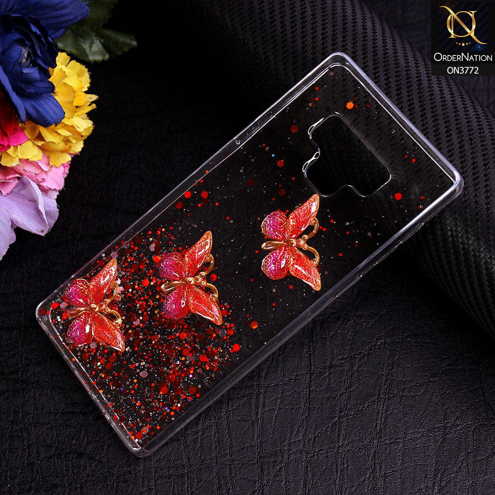 Samsung Galaxy Note 9 Cover - Red - Shiny Butterfly Glitter Bling Soft Case (Glitter does not move)