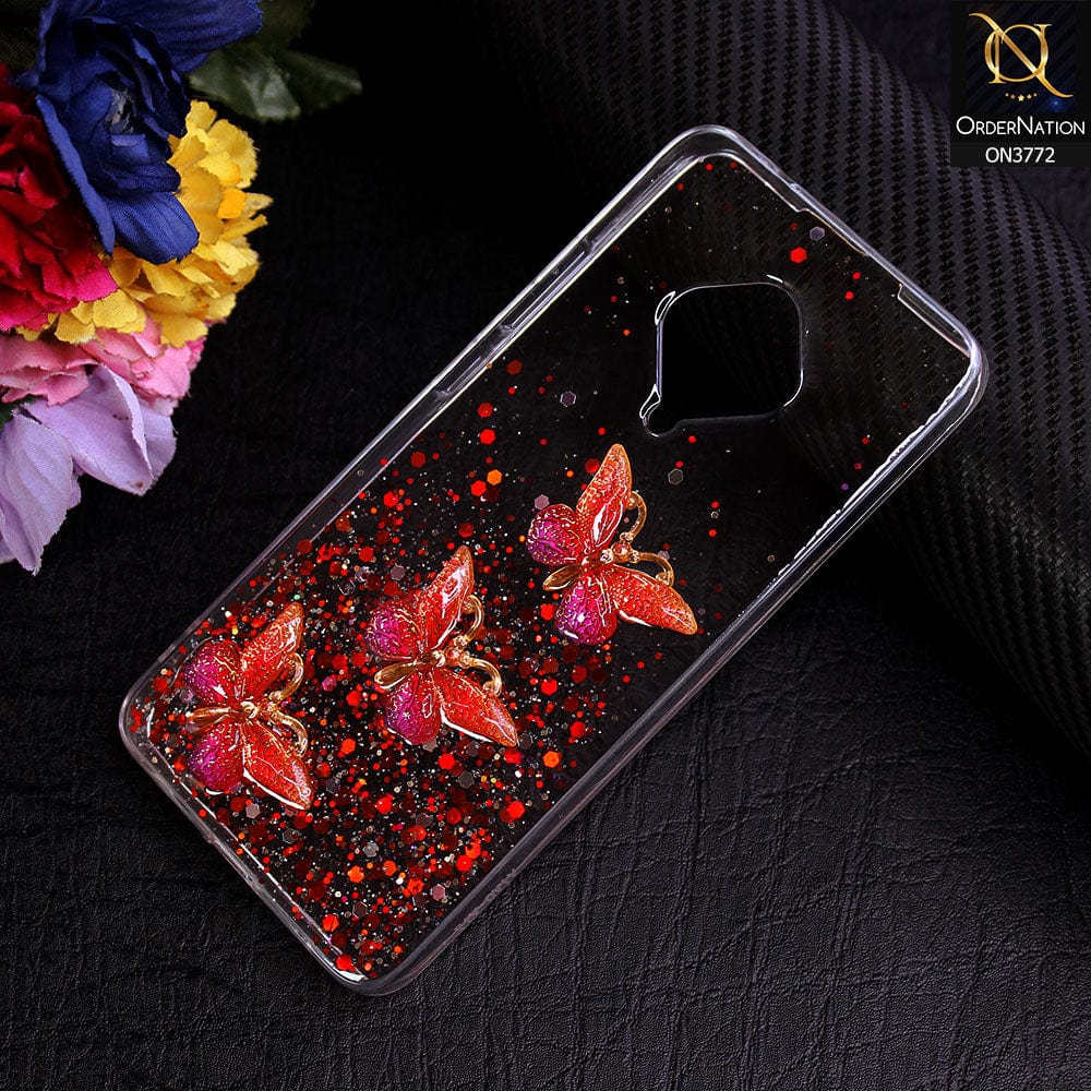 Vivo Y51 (2020 September) Cover - Red - Shiny Butterfly Glitter Bling Soft Case (Glitter does not move)