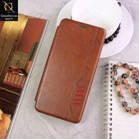 iPhone 12 Pro Max Cover - Brown - All New Premium Megnatic Leather Texture Flip Book Soft Case