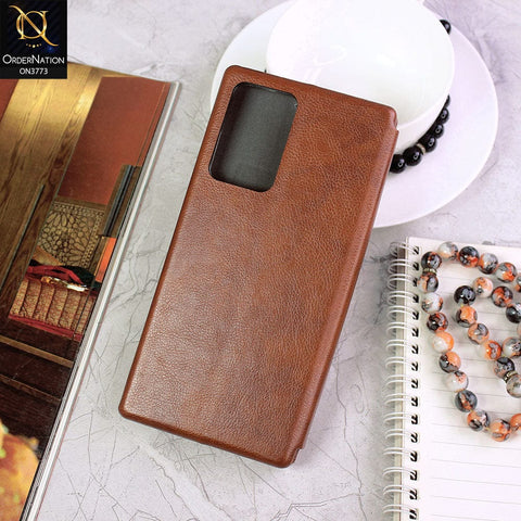 Samsung Galaxy Note 20 Ultra Cover - Brown - All New Premium Megnatic Leather Texture Flip Book Soft Case