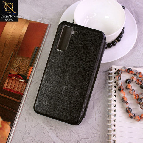 Samsung Galaxy S21 FE 5G Cover - Black - All New Premium Megnatic Leather Texture Flip Book Soft Case