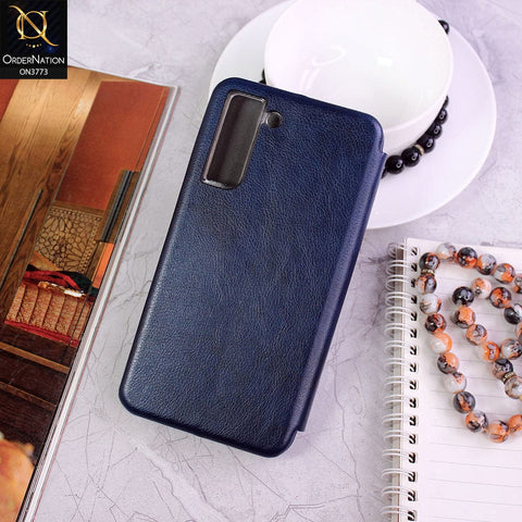 Samsung Galaxy S21 FE 5G Cover - Blue - All New Premium Megnatic Leather Texture Flip Book Soft Case