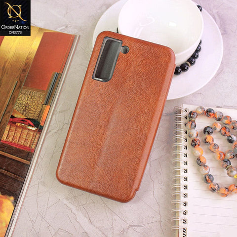 Samsung Galaxy S21 FE 5G Cover - Brown - All New Premium Megnatic Leather Texture Flip Book Soft Case