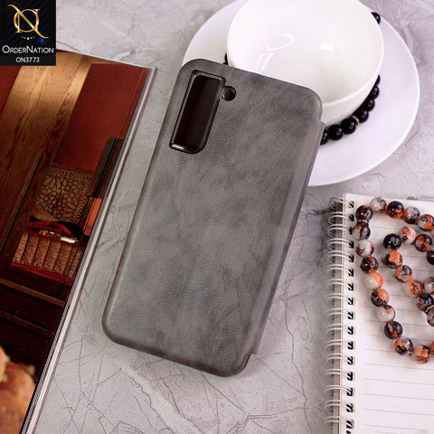 Samsung Galaxy S21 FE 5G Cover - Gray - All New Premium Megnatic Leather Texture Flip Book Soft Case
