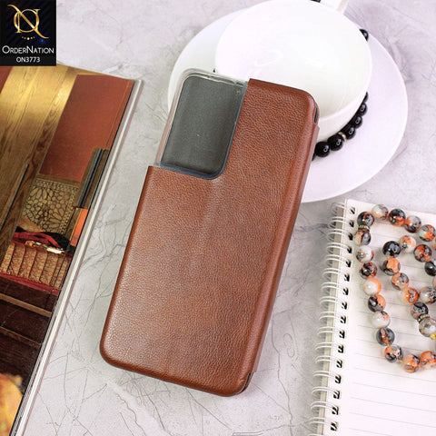 Samsung Galaxy S21 Ultra 5G Cover - Brown - All New Premium Megnatic Leather Texture Flip Book Soft Case