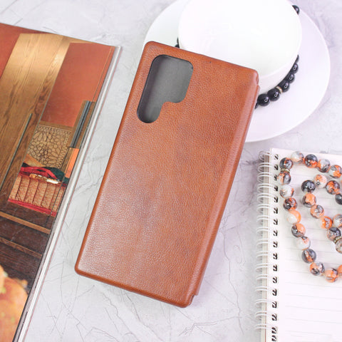 Samsung Galaxy S22 Ultra 5G Cover - Brown - All New Premium Megnatic Leather Texture Flip Book Soft Case