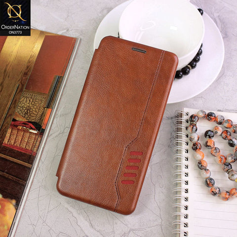 Samsung Galaxy A72 Cover - Brown - All New Premium Megnatic Leather Texture Flip Book Soft Case