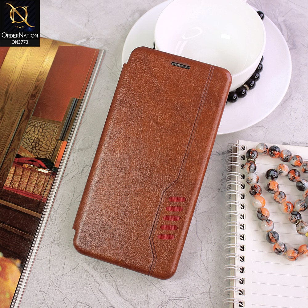 Samsung Galaxy Note 10 Cover - Brown - All New Premium Megnatic Leather Texture Flip Book Soft Case