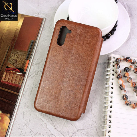 Samsung Galaxy Note 10 Cover - Brown - All New Premium Megnatic Leather Texture Flip Book Soft Case