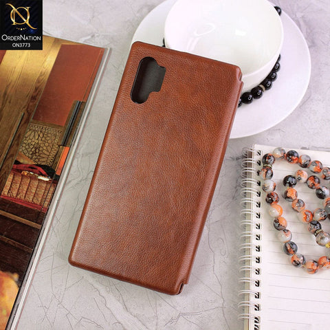 Samsung Galaxy Note 10 Plus Cover - Brown - All New Premium Megnatic Leather Texture Flip Book Soft Case