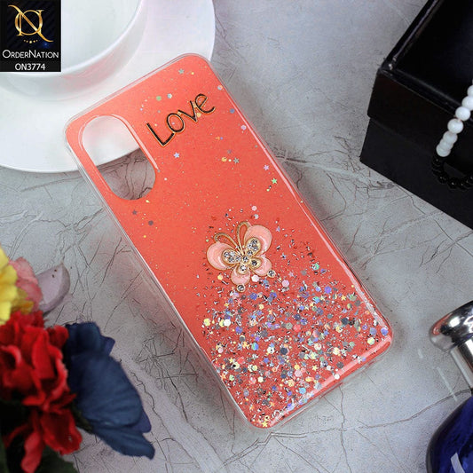 Vivo Y02s Cover - Peach - New candy Color Bling Sparkle Soft Silicone Butterfly Glitter Case ( Glitter Does not Move )