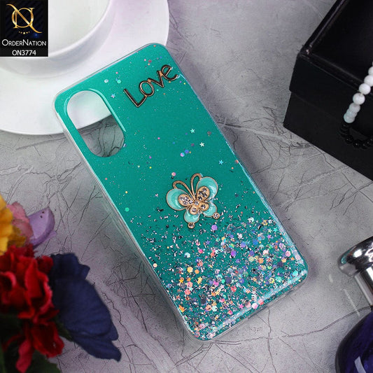 Vivo Y02s Cover - Sea Green - New candy Color Bling Sparkle Soft Silicone Butterfly Glitter Case ( Glitter Does not Move )
