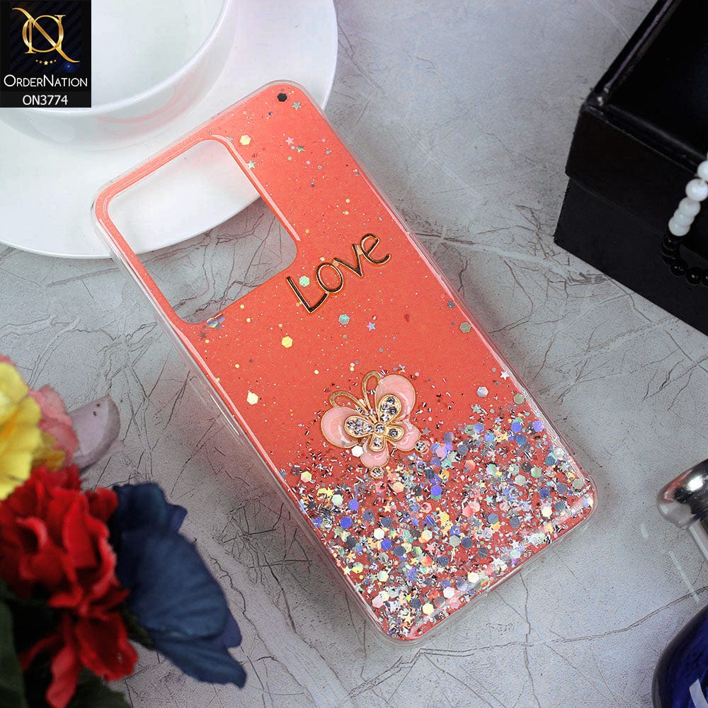 Vivo Y35 Cover - Peach - New candy Color Bling Sparkle Soft Silicone Butterfly Glitter Case ( Glitter Does not Move )