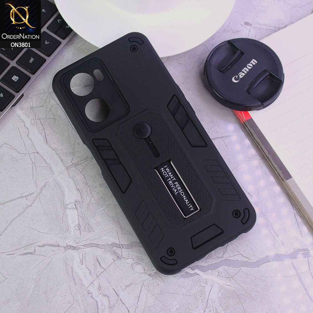 Oppo A57 4G 2022 Cover - Black - Hybrid Stylish Slide Finger Grip With Metal Kickstand Soft Borders Case
