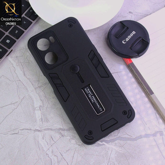 Oppo A57 4G 2022 Cover - Black - Hybrid Stylish Slide Finger Grip With Metal Kickstand Soft Borders Case