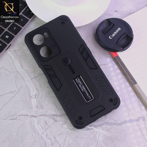 Oppo A57 4G 2022 Cover - Black - Hybrid Stylish Slide Finger Grip With Metal Kickstand Soft Borders Case