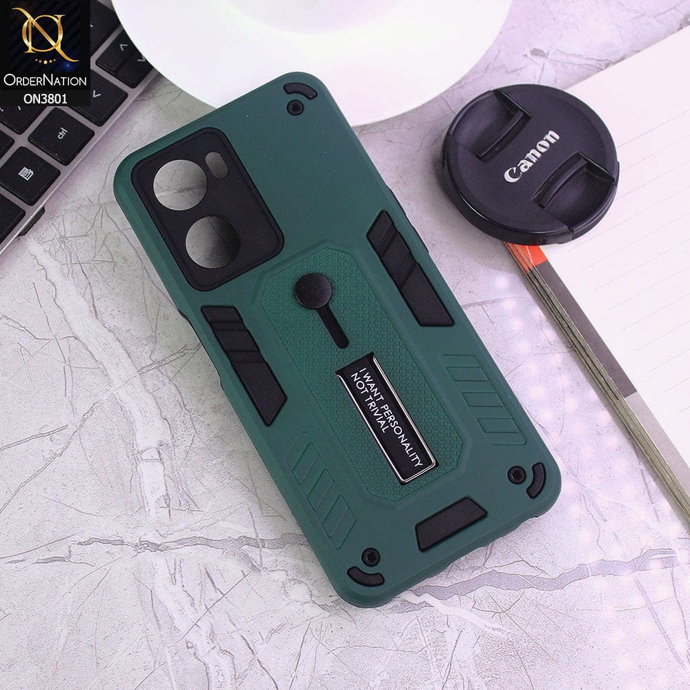 Oppo A77 4G Cover - Green - Hybrid Stylish Slide Finger Grip With Metal Kickstand Soft Borders Case