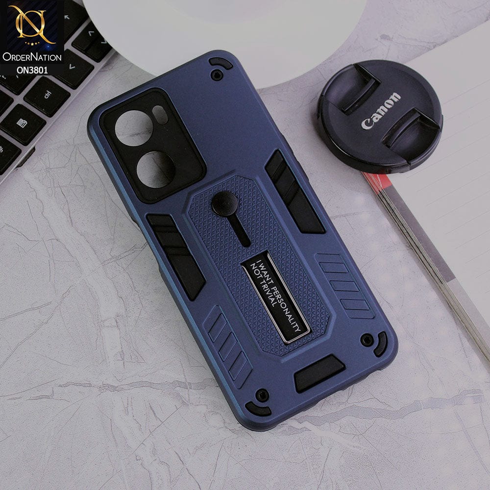 Oppo A77s Cover - Midnight Blue - Hybrid Stylish Slide Finger Grip With Metal Kickstand Soft Borders Case