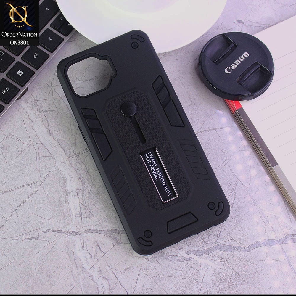Oppo F17 Pro Cover - Black - Hybrid Stylish Slide Finger Grip With Metal Kickstand Soft Borders Case