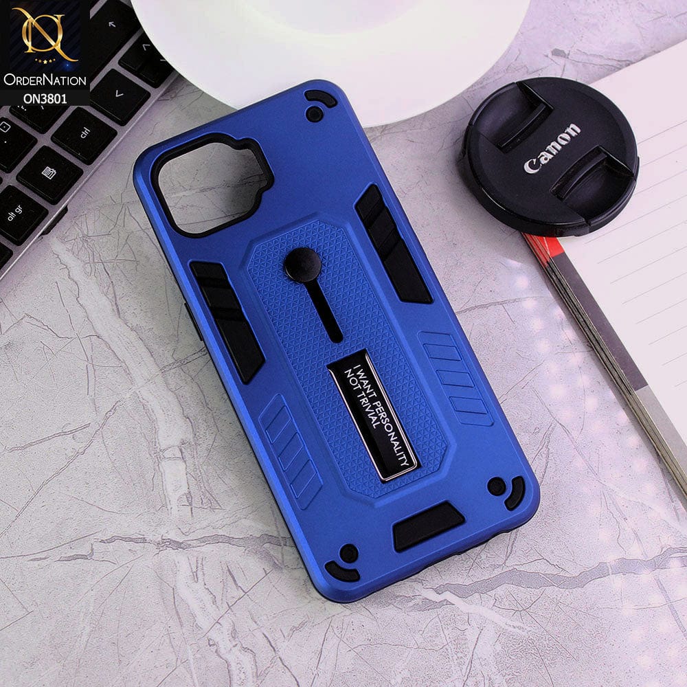 Oppo F17 Pro Cover - Blue - Hybrid Stylish Slide Finger Grip With Metal Kickstand Soft Borders Case