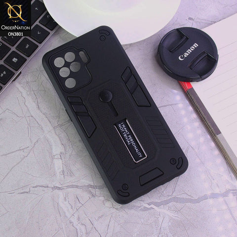 Oppo A94 Cover - Black - Hybrid Stylish Slide Finger Grip With Metal Kickstand Soft Borders Case
