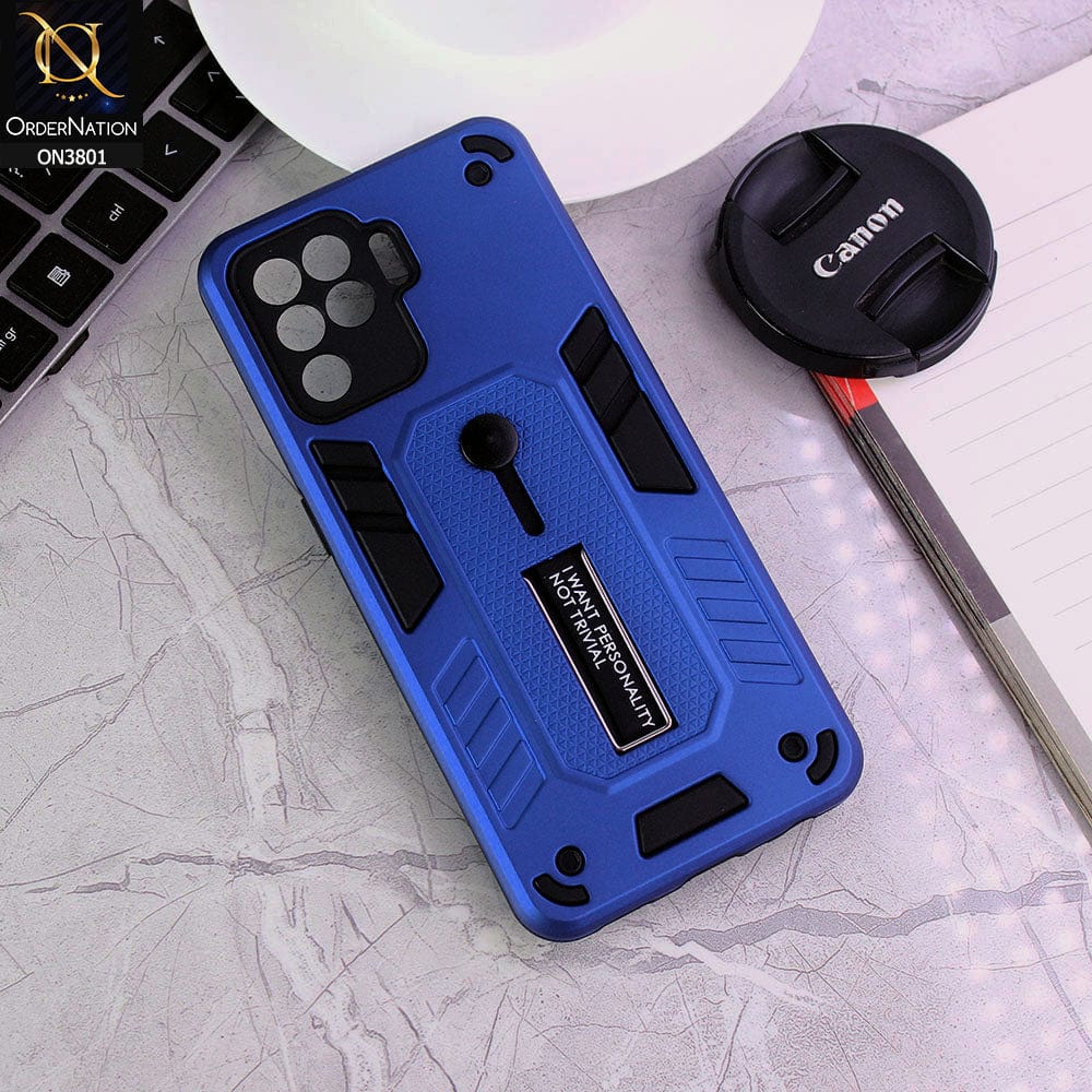 Oppo A94 Cover - Blue - Hybrid Stylish Slide Finger Grip With Metal Kickstand Soft Borders Case