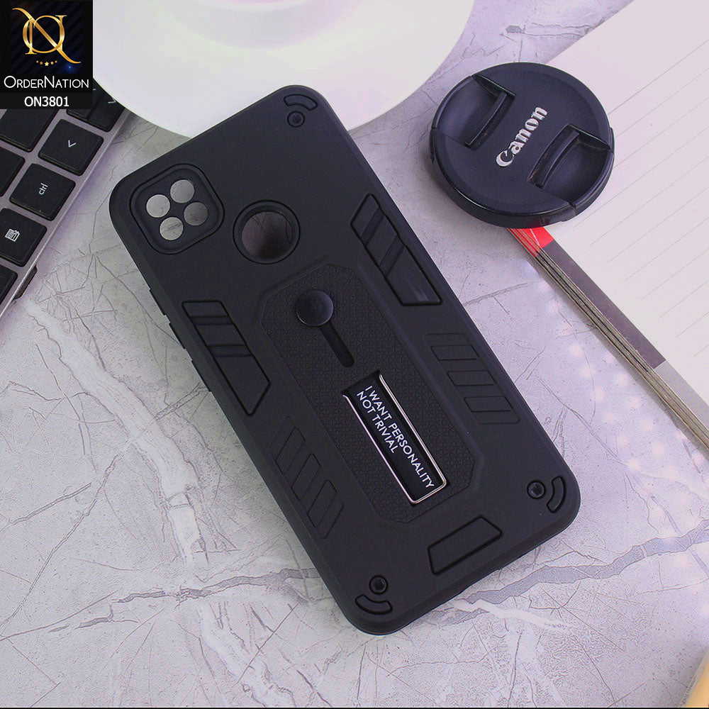 Xiaomi Redmi 9C Cover - Black - Hybrid Stylish Slide Finger Grip With Metal Kickstand Soft Borders Case