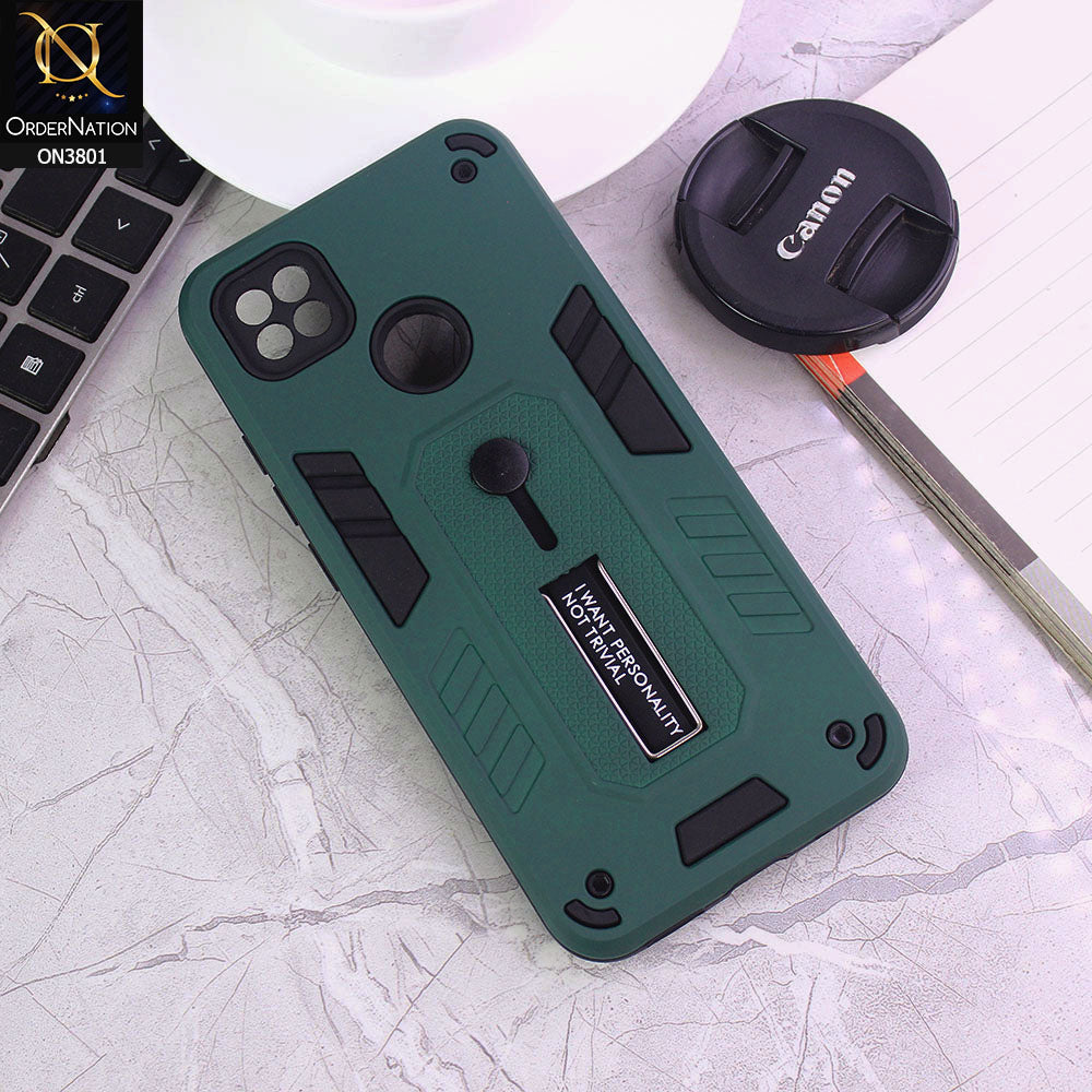 Xiaomi Redmi 10A Cover - Green - Hybrid Stylish Slide Finger Grip With Metal Kickstand Soft Borders Case