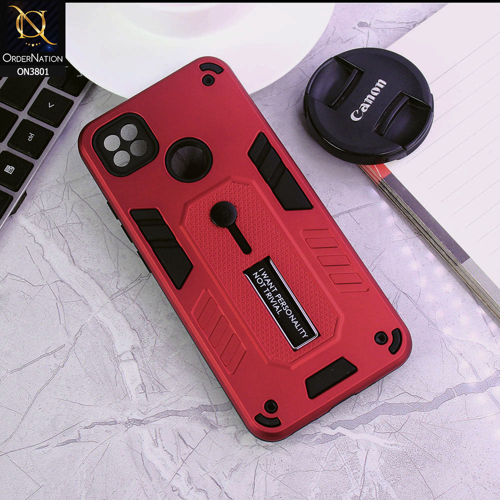 Xiaomi Redmi 9C Cover - Red - Hybrid Stylish Slide Finger Grip With Metal Kickstand Soft Borders Case