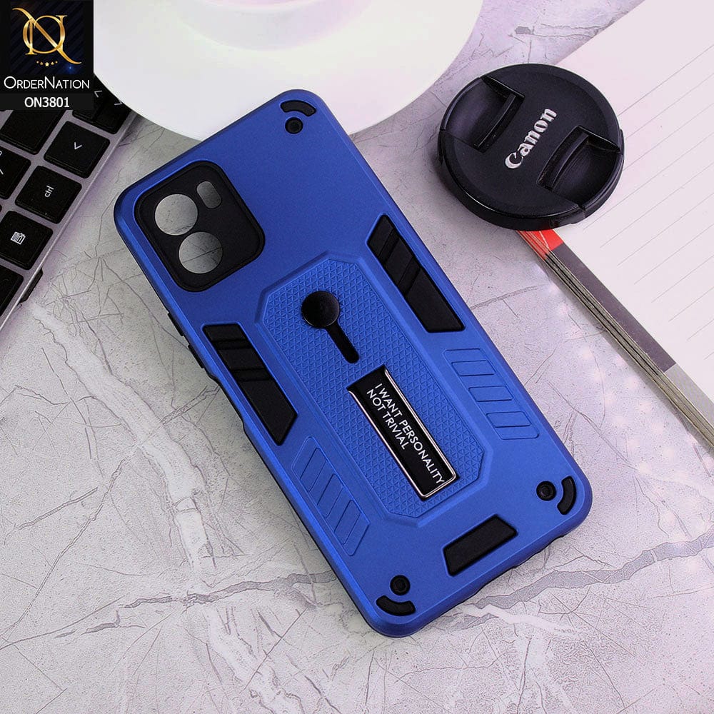 Vivo Y15c Cover - Blue - Hybrid Stylish Slide Finger Grip With Metal Kickstand Soft Borders Case