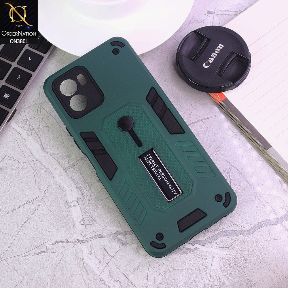 Vivo Y15s Cover - Green - Hybrid Stylish Slide Finger Grip With Metal Kickstand Soft Borders Case
