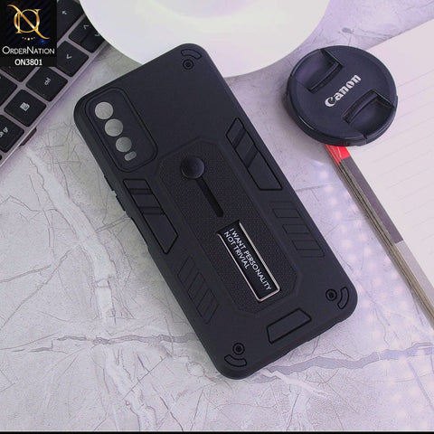 Vivo Y20s Cover - Black - Hybrid Stylish Slide Finger Grip With Metal Kickstand Soft Borders Case