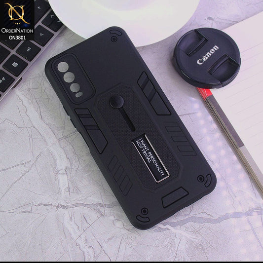 Vivo Y20i Cover - Black - Hybrid Stylish Slide Finger Grip With Metal Kickstand Soft Borders Case