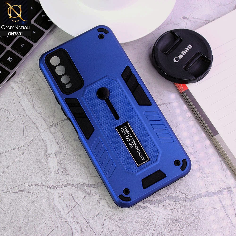 Vivo Y12s Cover - Blue - Hybrid Stylish Slide Finger Grip With Metal Kickstand Soft Borders Case