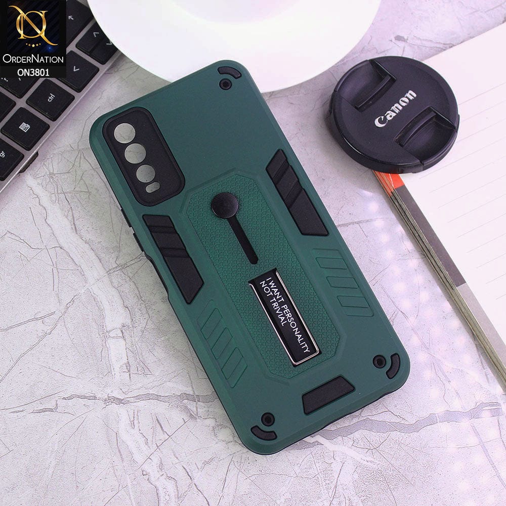 Vivo Y20s Cover - Green - Hybrid Stylish Slide Finger Grip With Metal Kickstand Soft Borders Case
