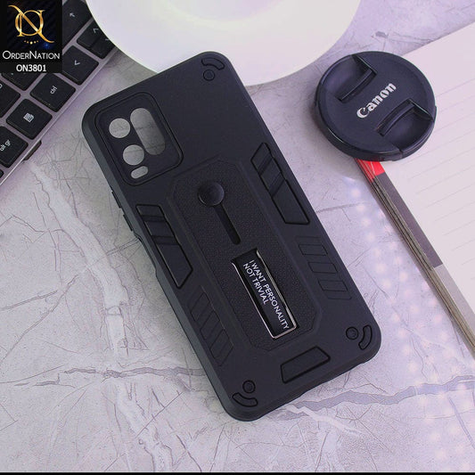 Vivo Y21 Cover - Black - Hybrid Stylish Slide Finger Grip With Metal Kickstand Soft Borders Case