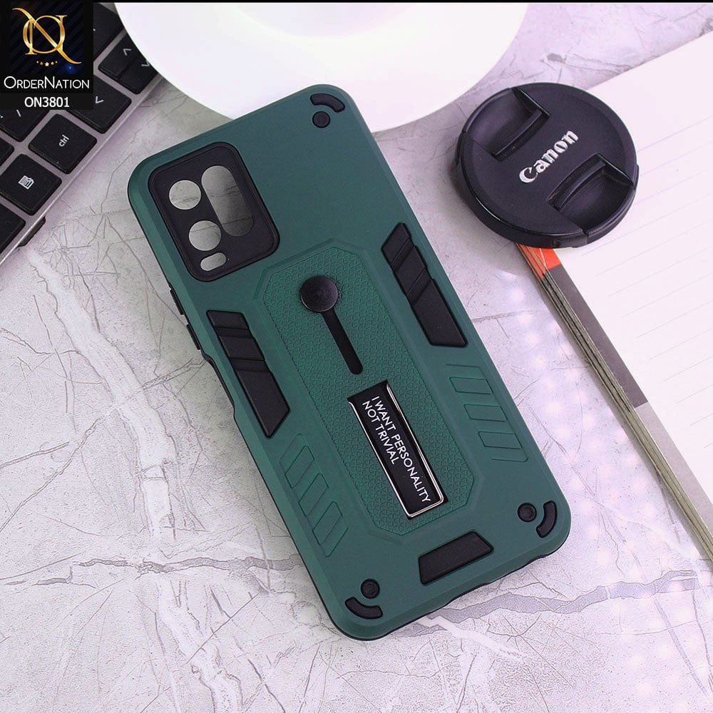 vivo Y33t Cover - Green - Hybrid Stylish Slide Finger Grip With Metal Kickstand Soft Borders Case